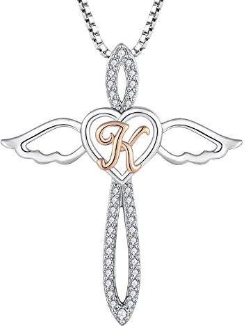 FJ Buchstabe K Kette Anhänger Damen 925 Sterling Silber Schutzengel Halskette Initiale Alphabet Personalisierte Kette mit Zirkonia Schmuck Geschenke für Frauen Mädchen