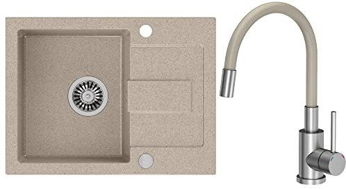 VBChome Évier beige avec robinetterie 60 x 45 cm Granit simple évier encastrable moderne avec évier composite + siphon lavabo flexible