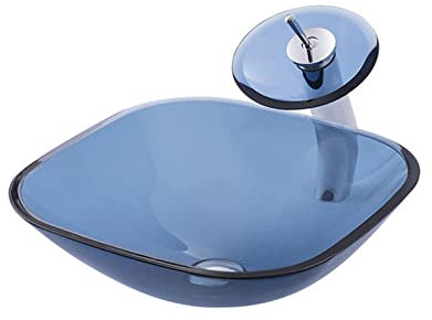 Ksunun Lavabo sobre Encimera Lavabo de Cristal Azul Lavabo de Vidrio Templado Lavamanos de Baño Cuadrado Moderno con Anillo de Montaje de Drenaje de Agua de Grifo de Cascada