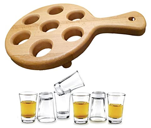 HK Online Elegance Shot Glass Paddle Board & Glasses -Shot Glass Serving Board, Shot Board, Barware, Restaurant, Bar, Cafe, Beer Garden (Round Pine Tray & 7 Glasses)