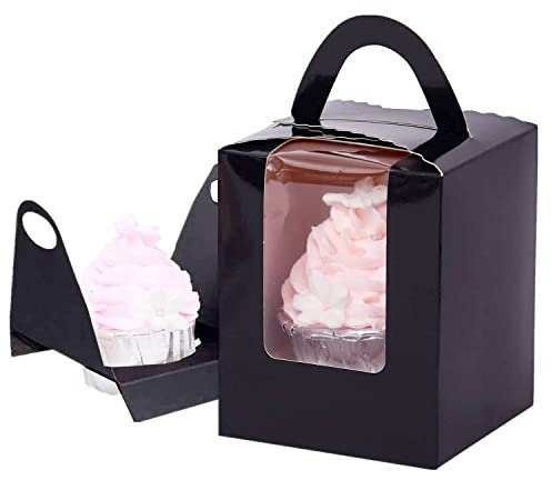 Gbateri Elegant and Functional Black Individual Cupcake Boxes with Window and Insert, 60 PCS (9.5 x 9.5 x 11 cm), Perfect for Cupcakes, Muffins, Small Cakes