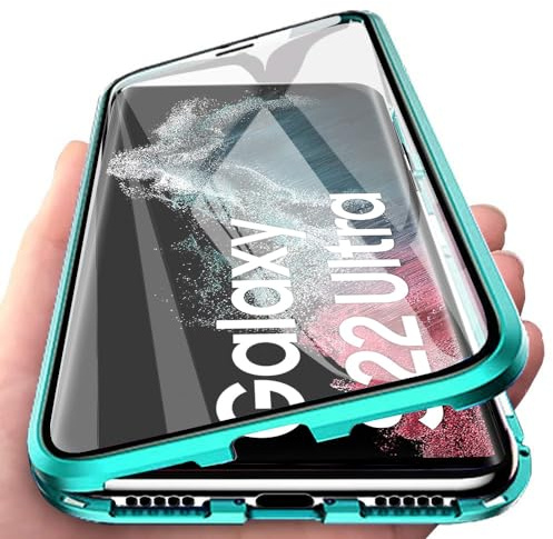 Orgsty Hülle für Samsung Galaxy S22 Ultra 5G, Magnetische Hartglas Hülle mit Vorderseite und Rückseite, Metallrahmen Case mit Eingebaut Magnet, Ultra Dünn 360 Grad Handyhülle, Grün