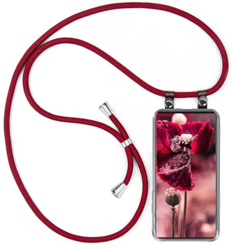 moex Handykette für Samsung Galaxy S22 Ultra Hülle mit Band abnehmbar, Handyhülle mit Kette zum Umhängen, Handyband 155 cm lang Stoff Kordel Umhängehülle, Handy Umhängeband, Weinrot