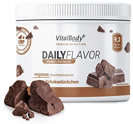 VitalBodyPLUS DailyFlavor Double Chocolate, kalorienarmes und zuckerarmes Geschmackspulver, nur 9 kcal pro Portion, 250 g – vegan, glutenfrei und hitzebeständig, unabhängig laborgeprüft & zertifiziert