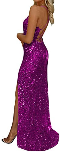HPPEE Vestido formal de fiesta de noche, hombros descubiertos, lentejuelas, largo, brillante, sin mangas, abertura lateral, vestido de graduación con cola pequeña, fucsia, 52