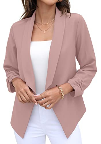 GRECERELLE Womens Blazer Suit Open Front Cardigan 3/4 Ruched Sleeve Casual Work Office Cropped Blazer Jacket for Ladies (Pink, US 10= UK12-14)