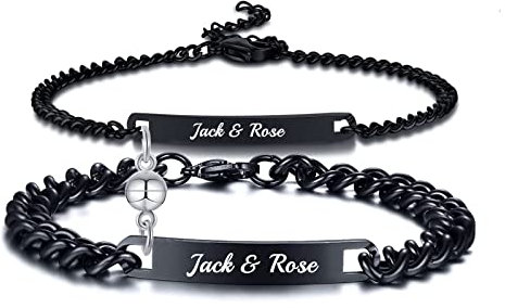 Personalisierte Partnerarmbänder Paar Armbänder: Personalisiertes Armband mit Gravur | Couple Armband | Familie Armbänder | Partnerarmband für Paare | Pärchen Armband (2 Stück Schwarz mit Ball Magnet)