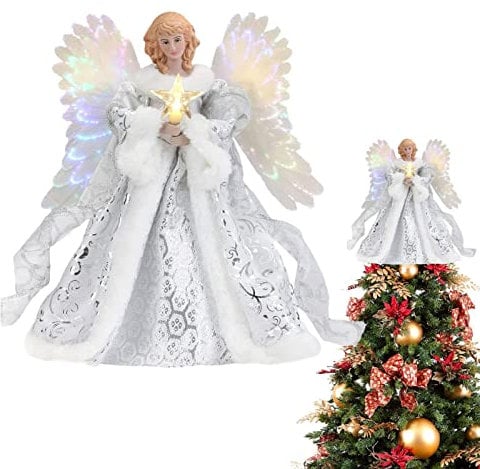 1Pcs Christmas Angel Tree Topper, Cute Angel Pendant Christmas Tree Toppers Decoration with String Light, Delicate Christmas Tree Top Angel Statue for, Tree Toppers Party Supplies