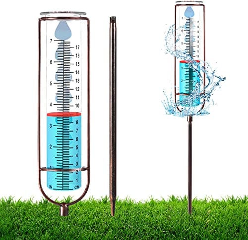 Luter Pluviómetro Exterior, 17 cm Pluviómetro Jardin de Gran Capacidad para Exteriores con Estaca y Junta, Fácil de Leer Extraíble Pluviómetros para Patio, Césped, Jardín, Valla (Bronce)