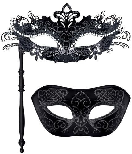 SIQUK 2 Stück Venezianische Maske Paar Maskerade Maske mit Stab Karnevalsmaske Augenmaske für Damen Herren Halloween Karneval, Schwarz