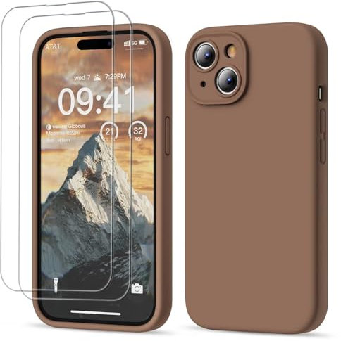 GOODVISH 3 in 1 Designed for iPhone 15 Case Premium Silicone 6.1 (2023)| Upgraded Camera Protection, 2 Pack Screen Protector, Shockproof Anti-Scratch Gel Rubber Slim Phone Case Cover, Brown