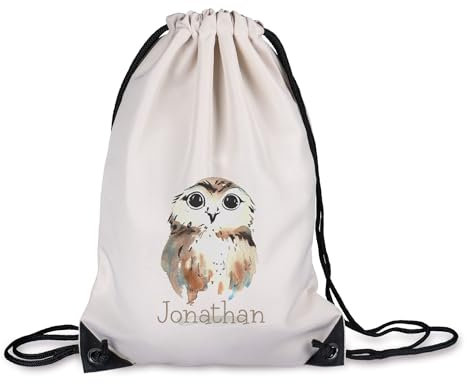 timalo® Kinder Turnbeutel personalisiert mit Namen | Sportbeutel bedruckt | süße Tiermotive | Kindergarten Stoffbeutel Geschenke Mädchen Jungen | 23- Eule