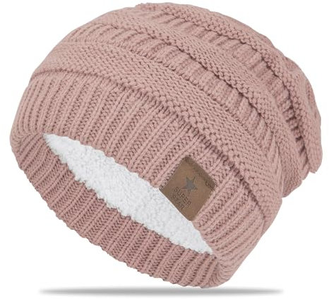 FIFTHAVE Beanie Mütze Damen Wintermütze Mädchen Strickmütze Beanie Hat Warme Mütze Herbst Beany Hut mit Weichem Fleece Innenfutter für Outdoor Dunkelrosa