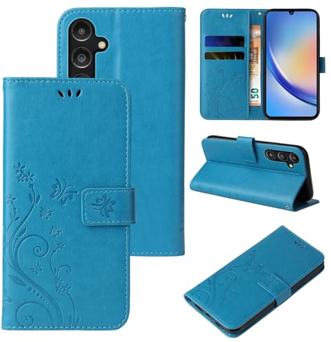 LBH Handy Hülle für Samsung Galaxy A15 / A15 5G Case Handytasche Schmetterling Blumen Flower Standfunktion Schutzhülle Magnet Rundum Schutz 360 Grad Flipcase Cover Blau