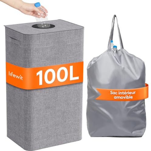 Lifewit 100L Pfandflaschen Sammelbehälter mit Deckel, Pfandsammler Organizer and Altglas Aufbewahrung mit Einwurf, Leergutbehälter fur Recycling Abstellraum Flaschentasche, Grau