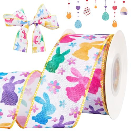 Schleifenband Ostern, Osterband mit Drahtrand, Ostern Bänder Deko für Geschenkverpackung Osterei Schleifen Ostergeschenke Osterhasenbänder DIY Geschenk Dekoration Handwerk, 5cm Breit x 9m Lang