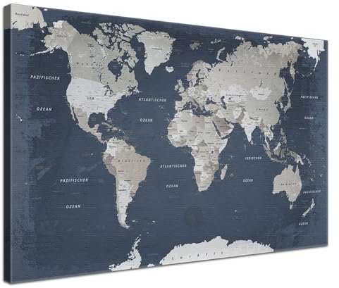 Stilvolle Pinnwand Weltkarte - Granit Gipfel - Deutsch in 120 x 80 cm, stabile Rückwand zum Pinnen inkl. Starterkit - Leinwand-Kunstdruck Wandbild Landkarte XXL