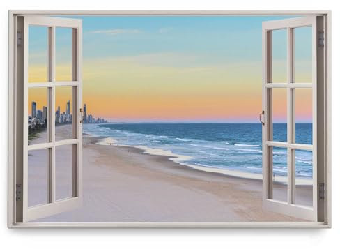 Paul Sinus Wandbild 120x80cm Fensterbild Strand Horizont Abendrot Hochhäuser Sonnenuntergang