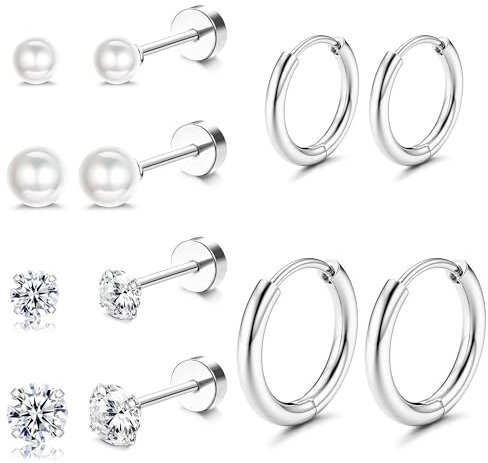 Dochais 6 Paar Ohrstecker Set - 14K Vergoldete Creolen, Hypoallergene Zirkonia Perle Knorpel Ohrringe für Damen Herren - Silber Gold Klein Schlafen