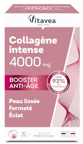 Vitavea Bien-être - Collagène Intense 4000mg - Éclat & Fermeté - 10 sticks | Peau Lisse & Jeunesse - Collagène Marin Pur - Format Stick - Framboise, Cassis - Sans Sucres - Fabriqué en France