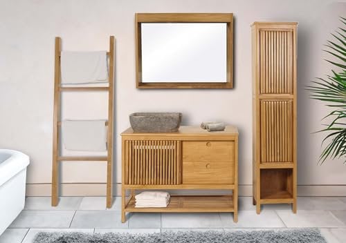 Mendler Teak-Badezimmer-Set HWC-M70, Waschtisch Hochschrank Wandspiegel Handtuchhalter Waschbecken, hochwertiges B-Grade-Teak