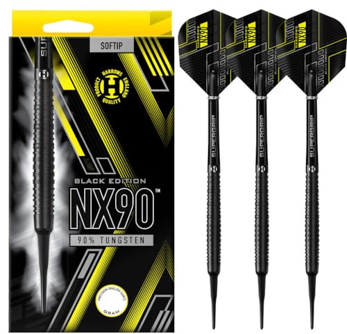 Harrows NX90 Darts-Set mit weicher Spitze, 90% Wolfram, 18 g und 20 g – inklusive schwarzen Supergrip-Midi-Schäften und Micron-NX90-Flights-20g