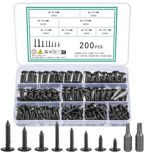 Vwoqiy 200 Pz M4.8 M3.9 Viti Autofilettanti, Viti per Legno a Torx Vite Autoperforanti a Testa Piatta Pan, Vite a Testa Truss Nere per Riparazione Cartongesso Legno, con 2 Punte