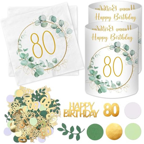 20 Stück Servietten 80 Geburtstag+ 12 Stück Windlicht Tischdeko 80 Geburtstag + 100 Stück Konfetti 80 Geburtstag Deko Grün, Eukalyptus Tisch Deko 80 Jahre, Geschenke zum 80 Geburtstag Frau Mann