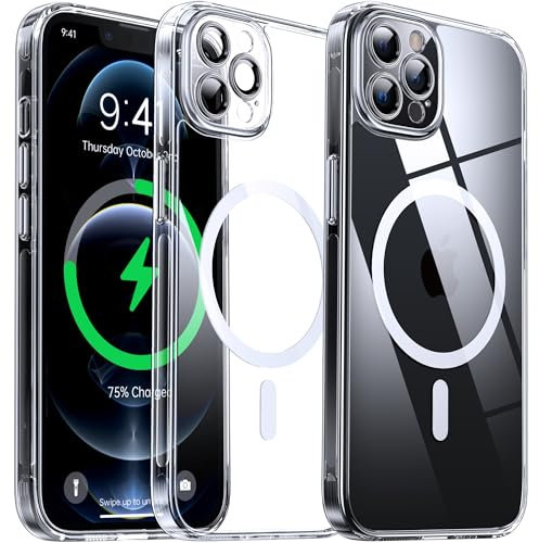 Flyzoo Magnetisch Hybrid Clear Hülle für iPhone 12 Pro - [Kompatibel mit MagSafe] [Eingebaute Kameraschutz Folie] Hart Durchsichtig Handyhülle Stoßfeste Transparente mit Silikon Schutzhülle,6,1,Clear