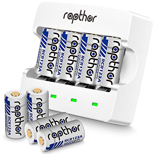 Rapthor CR123A Battery 750mAh 3.7V Rechargeable 8 Batteries and Charger for Arlo Camera Flashlights Microphone Smoke Detector Electric Shaver Alarm Clock Calculator