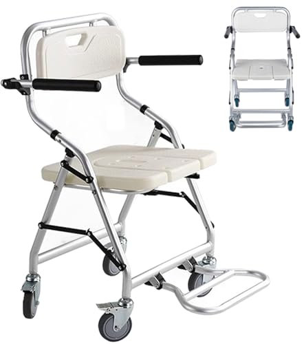 Sedia Doccia Anziani con Ruote, Sedia da Doccia Pieghevole Bianco Impermeabile con Freni e Schienale Rimovibile, Sedia da Bagno per Disabili e Anziani, Carico: 120kg