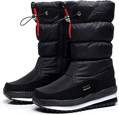 Winterwarme, mit Plüsch gefütterte Schneestiefel für Damen, wasserdichte, rutschfeste, flache Gummi-Griffsohle, klassische kurze Stiefel zum Wandern, Skiurlaub, Snowboard (Schwarz 37 EU) (Schwarz 38