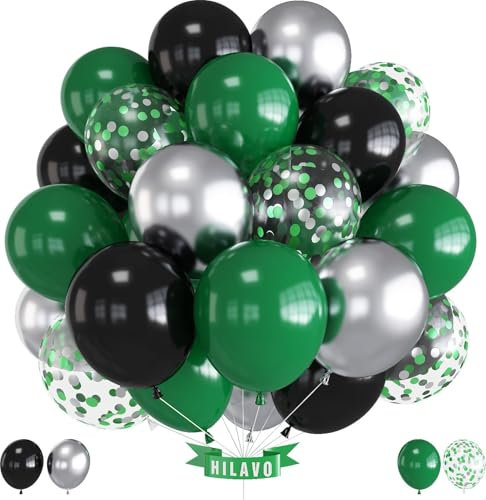 Luftballons Grün Schwarz 12 Zoll Dunkelgrün Schwarz Metallic Silber Latex Konfetti Luftballons Set Geburtstag Party Ballons Deko für Jungen Männer Fußball Videospieler Thema Babyparty Dekorationen