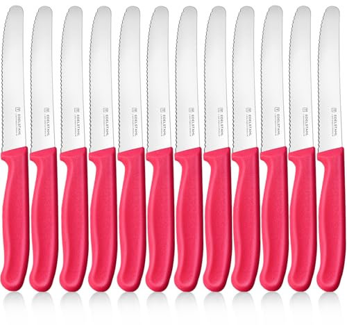 targzier Tafelmesser Set 12 Stück,Hochwertige Frühstücksmesser mit Wellenschliff,Scharfe Messer für Brotzeit,Pink Tomatenmesser,Edelstahl Brotmesser,Anti-Rost Besteck Messer Set&Spülmaschinenfest