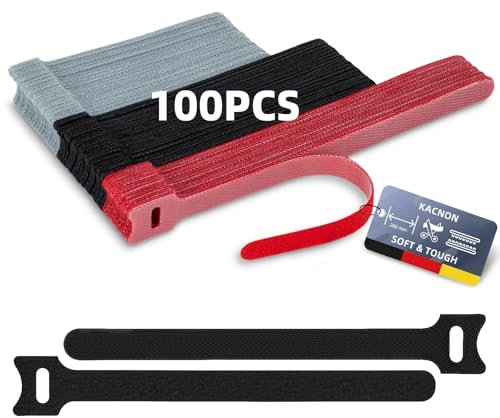 KACNON 100 Stück Kabelbinder Klett - 200mm/150m/120mm Wiederverwendbare, Verstellbare Kabelbänder für Haus, Büro und Garten