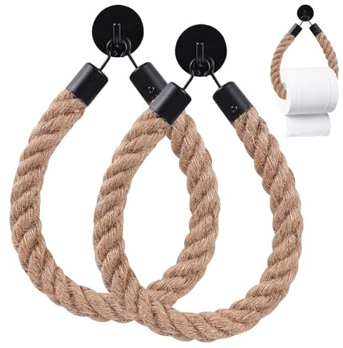 Chedin Toilettenpapierhalter, Handtuchhalter, Schwarz Matt OHNE Bohren Vintage, Ungefärbte Naturfaser, Hanfseil Wc-Papierhalter, WC Papier Halterung, Dekoration für das Badezimmer (2P ohne Bohren)