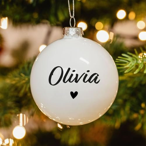 Firebox Festglanz Personalisierte Christbaumkugel mit Namen – Weiße Weihnachtskugel aus Glas Ø 7,5 cm – Individueller Baumschmuck – Elegante Weihnachtsdekoration & Geschenkidee