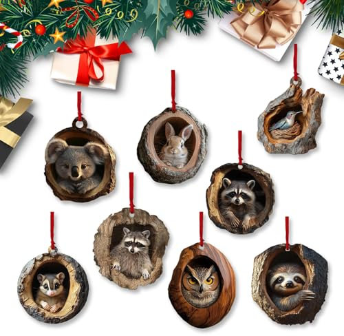 YongSral 8 Piezas Animal Christmas Ornaments, Adornos Arbol Navidad, 2D Adornos Navideños con Animales, Decoración Navideña de Animales Acrílicos, Adecuado para Arboles de Navidad, Paredes y Ventanas