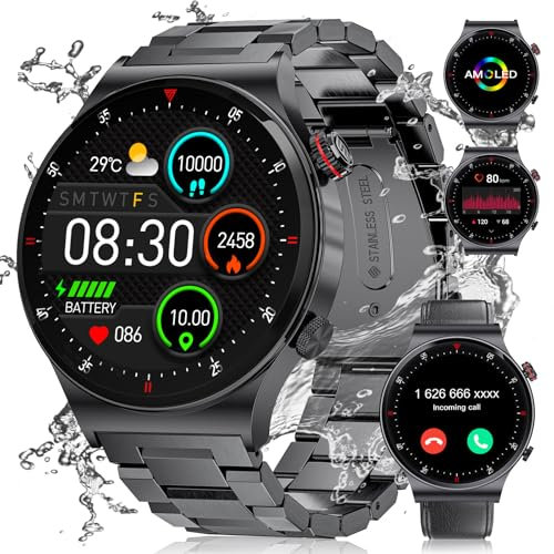 BANGWEI Montre connectée pour homme avec fonction téléphone, AMOLED 1,43, 120 modes sportifs, étanche IP68, batterie 400 mAh, design business tendance avec 2 bracelets, noir