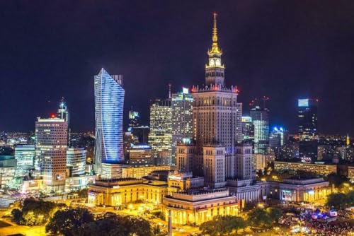 Puzzle für Erwachsene, 1000 Teile, Motiv: Warschau, Polen, Skyline bei Nacht, glänzendes Poster, Bild, Fotodruck A045, herausfordernde Puzzles für Freunde und Familie