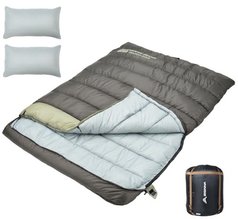 BISINNA Double Sleepinag Bag for Adults Two Person Queen Size Camping Sleeping Bag for All Season Backpacking Hiking Cold Weather with Compression Sack (Green)