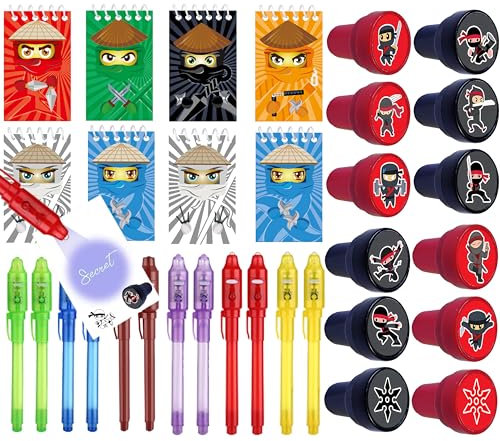 Ninja Mitgebsel Set für Kindergeburtstag 6-10 Jahre,12 UV Stifte 12 Notizbücher 12 Stempel,give aways kindergeburtstag,Gastgeschenke, Pinata Füllung,Ninjaoo Party Geburtstags Deko,Klassenbelohnung