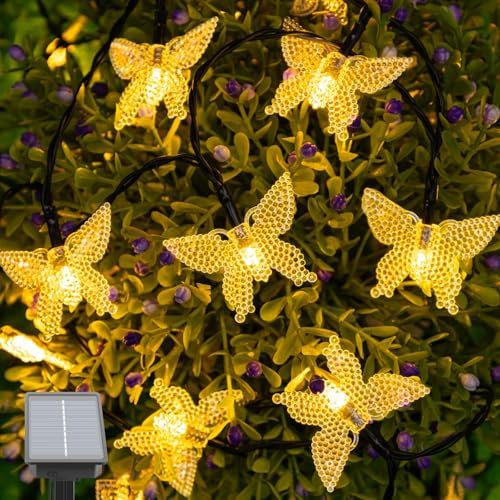 Isisyu Solar Lichterkette Aussen Schmetterling, 5M 20 LED Lichterkette Außen Solar Wetterfest mit Timer, 8 Modi, IP65 Wasserdicht Solarlichterkette Outdoor für Garten, Balkon, Terrasse, Partys