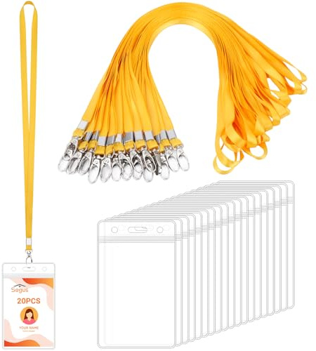 Segus Lanyard 20 Stück, Ausweishülle mit Band, Wasserdichte Kartenhülle mit Band, Kartenhüllen Transparent, für Büro, Schulen, Business Ausstellung (Gelb, Vertikale)