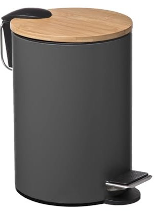 Papelera de Baño con Tapa de Madera 3L - Cubo de Basura para Baño con Tapa y Pedal Cierre Silencioso (Gris Oscuro)