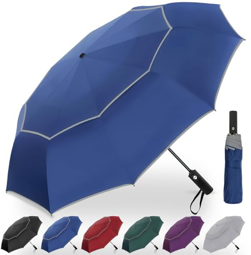 Satol Golfschirm mit Doppeldach & Belüftung | Sturmsicher & Automatisch Öffnend | XXL-Größen 62 Zoll | 10 Rippen für maximale Stabilität | Reflektierende Streifen (Blau)