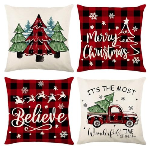 4 Cuscini Natalizi per Divano, Copricuscino Natalizio 45x45, Lino Federe Natalizie con Motivo Tartan Rosso, Alberi di Natale e La Scritta Merry Christmas, Addobbi Natalizi, Decorazioni Natalizie Casa