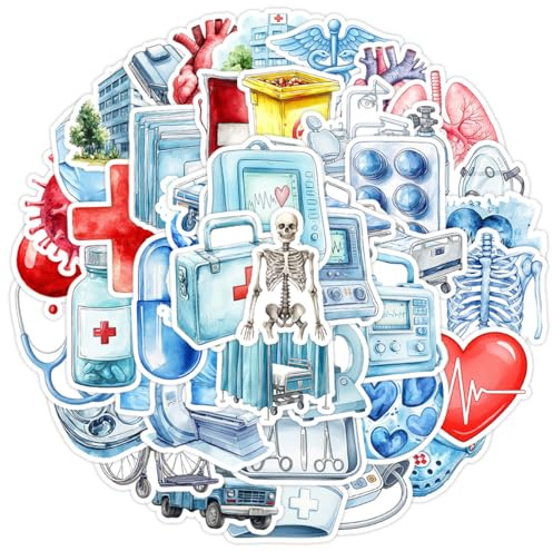PRETTYSUNSHINE Medizinische Reihe Aufkleber, 50 Stück Wasserfest Krankenhaus Sticker für Laptop Journal Scrapbook Skateboard Fahrrad Kindle Auto Koffer Helm Motorrad, Gesundheitswesen Decals