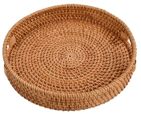 Rattan Rundes Serviertablett, Rattan Tablett, Gewebtes Dekoratives Tablett, Handgewebtes Korbtablett mit Holzgriffen/ Ausgeschnittenen Griffen für Frühstück, Getränke, Desserts, Kerze, Schmuck (φ30cm)