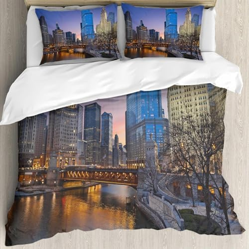 Stadtgebäude Bettwäsche 135x200 3D Nachtansicht Bettwäsche-Sets Weiche Komfortabel Microfaser Bettbezug mit Reißverschluss and 2 Kissenbezüge 80x80 1292-A